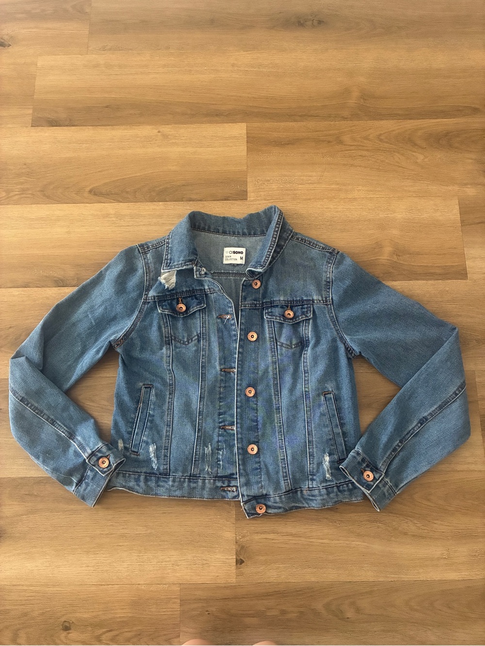 Cisono Distressed Stretch Denim Jacket Women’s Medium Blue Jean Jacket Button